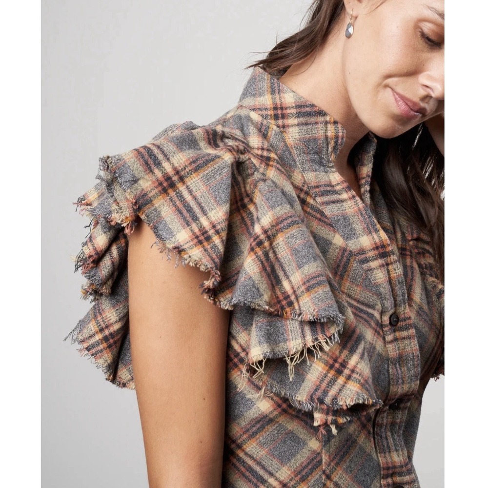 A SHIRT THING Charlotte Brown Plaid Flannel Ruffle Sleeve Cotton Blouse Large